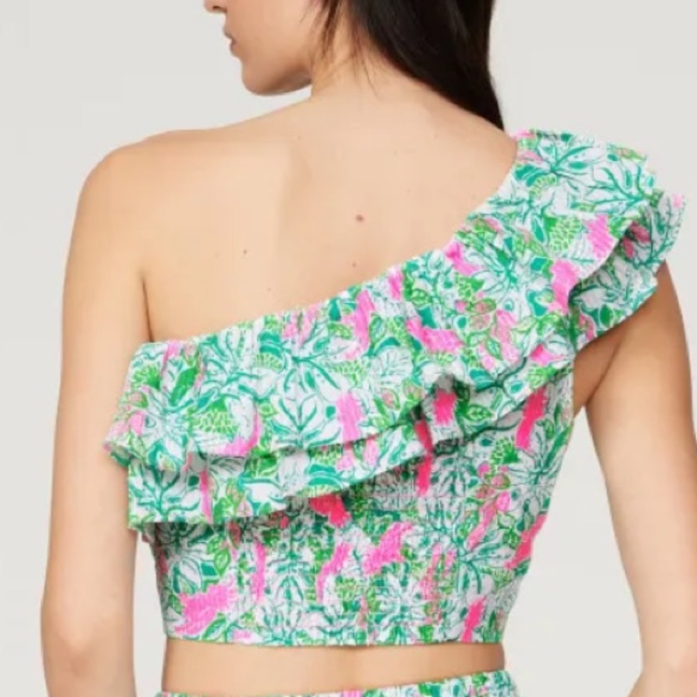 Lilly Pulitzer Kasida Ruffle One Crop Top in Botanical Green Just Wing It - Picture 4 of 11